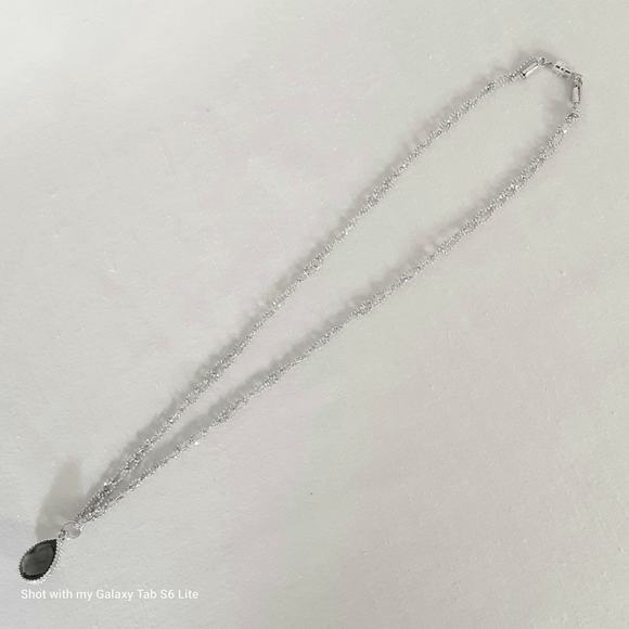 Silver Tone Double Sided Pendant Necklace Black Clear Stone Crocheted Ball Chain - Picture 4 of 11